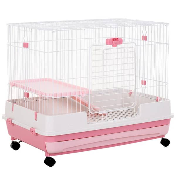 PawHut 32 in. L x 20.75 in W x 26 in. H Pink 2-Level Small Animal Cage WITH Wheels, Removable Tray, Platform and Ramp