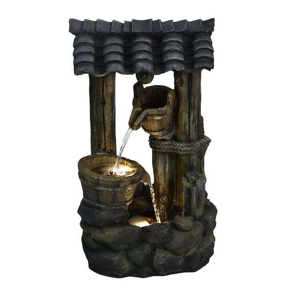 Nestfair 29.7 in. Tall Dark Brown 3-Tier Floor Waterfall Fountain with Yellow LED Light