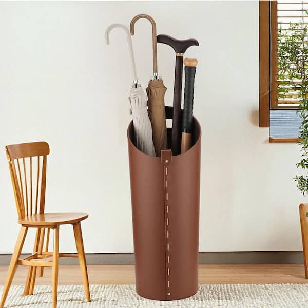 Brown Artificial Leather Umbrella Stand with Stable Design High Capacity Removable Drip Tray Indoor Entryway Storage