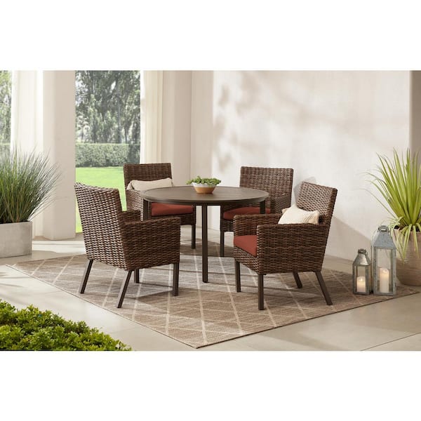 Hampton Bay Fernlake 5-Piece Brown Wicker Outdoor Patio Dining Set with CushionGuard Quarry Red Cushions