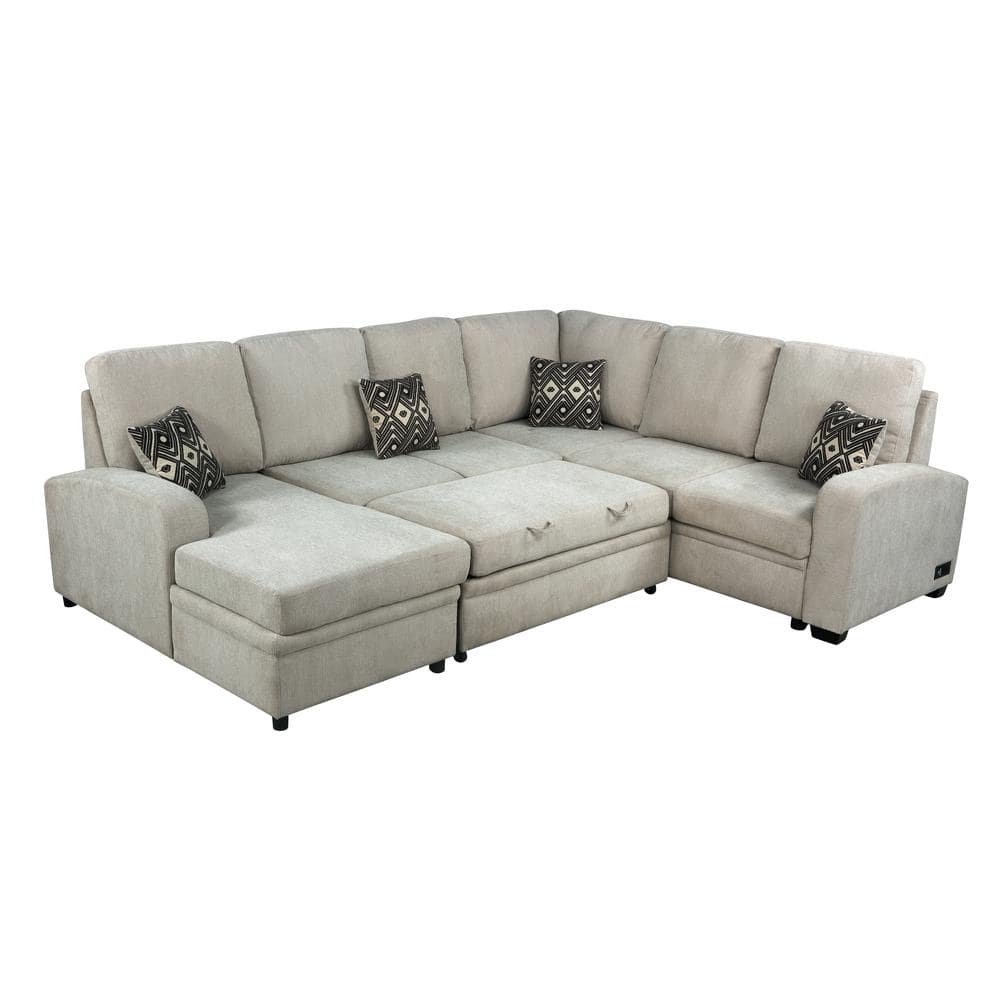 Lifestyle Solutions Serta 200.20 in. Beige Breckenridge Multifunctional  Sectional Sofa with USB and Power and Removable Cushions BKD SECT BG SET    The ...