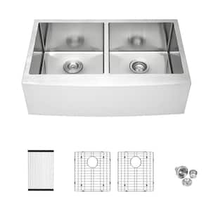 Round Corner 16-Gauge Stainless Steel 33 in. Double Bowl 50/50 Farmhouse Apron Kitchen Sink with Bottom Grid