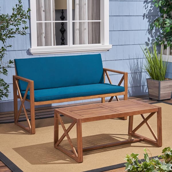 Noble House Andora Brown 2-Piece Wood Outdoor Patio Loveseat with Dark Teal Cushions