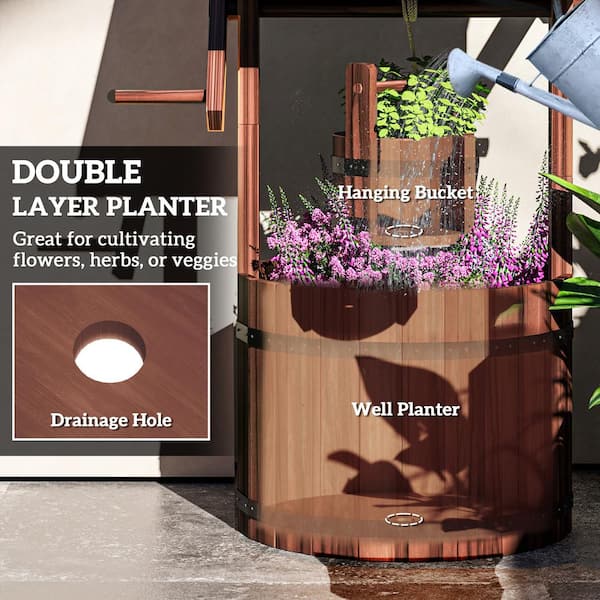 Outsunny - Wishing Well for Outside, Wood Wishing Well Planter with Hanging Bucket, Decorative Planter, Carbonized