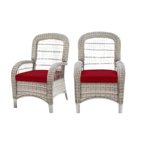 Beacon Park Gray Wicker Outdoor Patio Captain Dining Chair with CushionGuard Chili Red Cushions (2-Pack)
