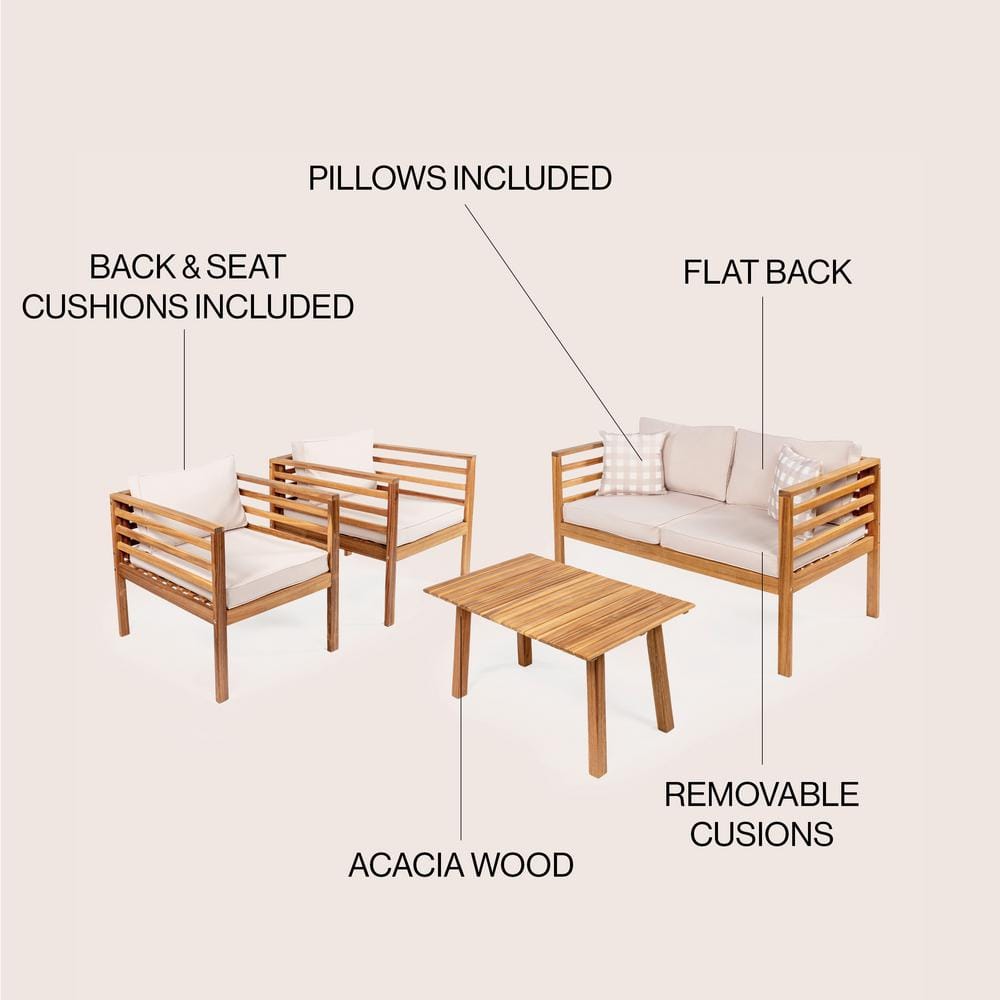 Thom 4-piece acacia wood patio set with feature callouts for cushions, pillows, and material.