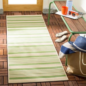 Courtyard Green/Beige 2 ft. x 7 ft. Striped Indoor/Outdoor Patio  Runner Rug