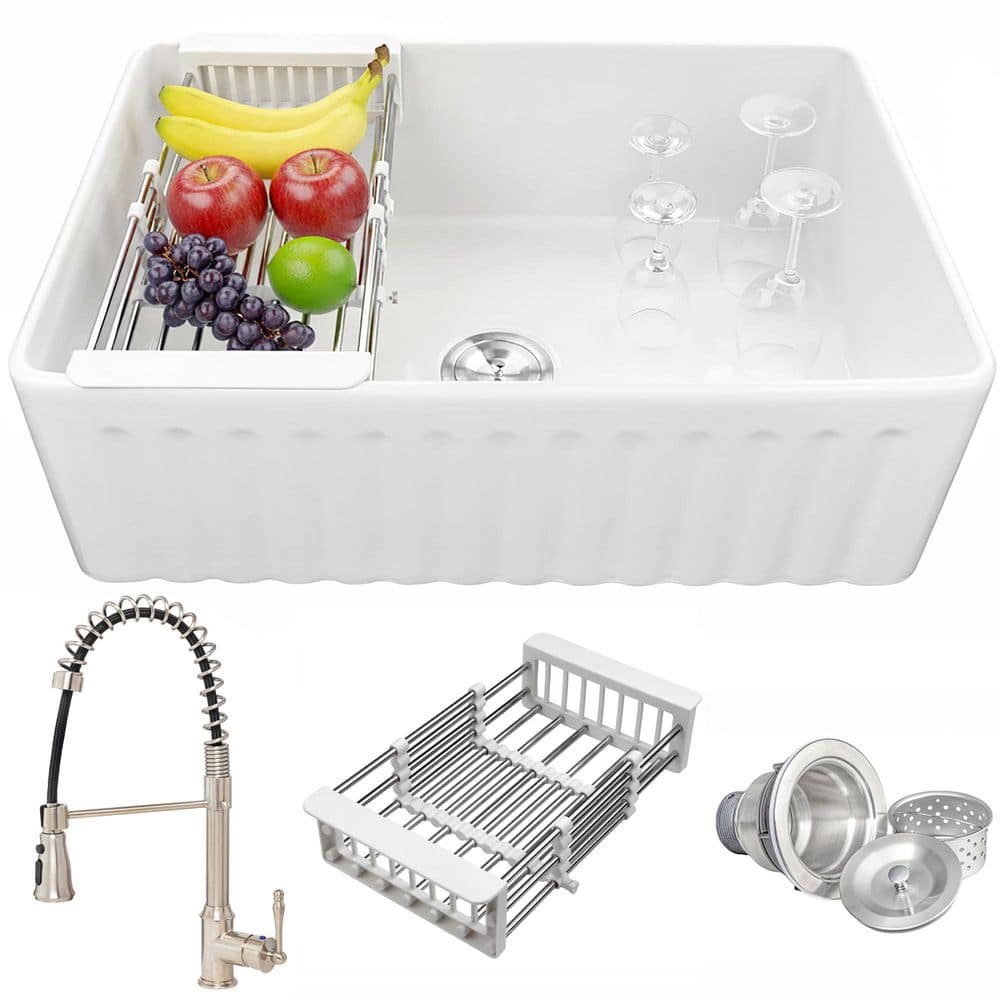 White Fireclay 36 in. Single Bowl Apron-Front Kitchen Sink with Faucets and Basket Strainer price history on PriceWatchPro