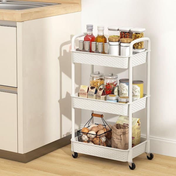White 3-Tier Plastic Rolling Utility Cart with Adjustable Handle, Metal Frame and Wheels for Home Storage