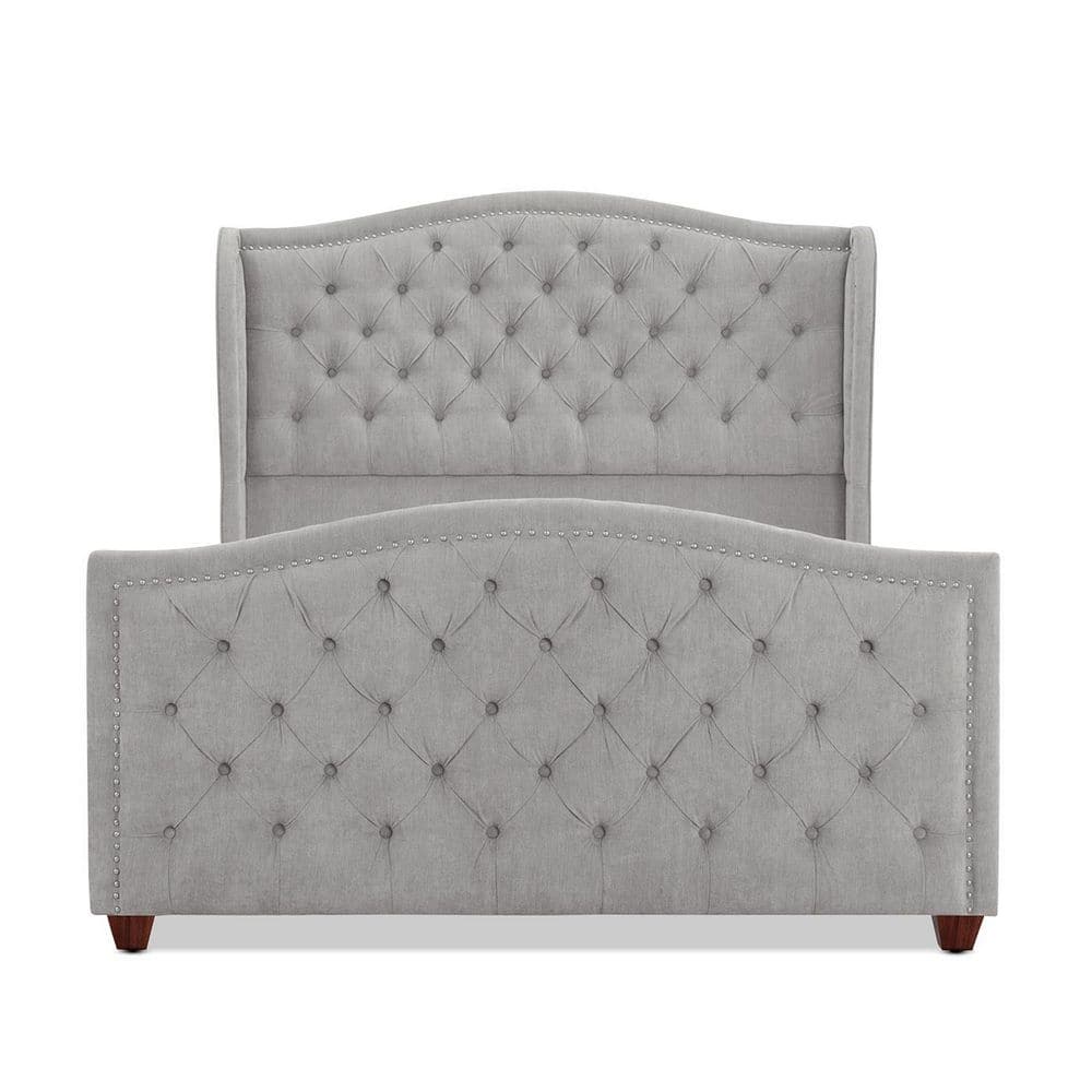Marcella Queen Upholstered Bed with Tufted Headboard and Nailhead Trim, Silver Grey