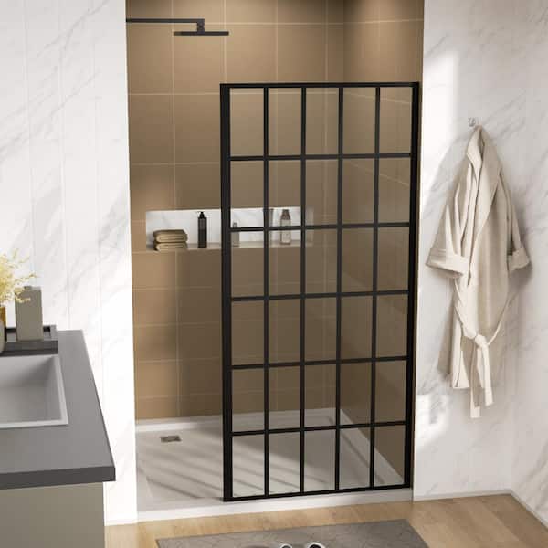 34 in. W x 72 in. H Fixed Single Panel Frameless Shower Door/Enclosure in Matte Black with Open Entry Design