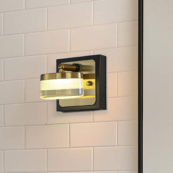 W5" 1-Light Modern Square Black and Brass Integrated LED Wall Sconce with White Acrylic Shade Bathroom Vanity Light
