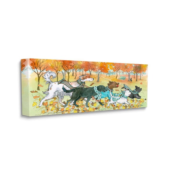 Stupell Industries "Dogs Running in Autumn Leaves Fall Animals" by Sherri Buck Baldwin Unframed Animal Canvas Wall Art Print 17 in x 40 in