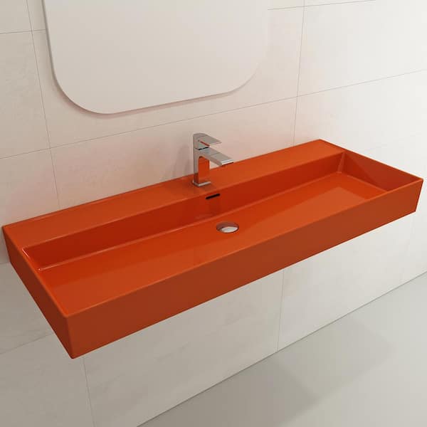 BOCCHI Milano Orange 47.75 in. 1-Hole Wall-Mounted Fireclay Rectangular Vessel Sink with Overflow