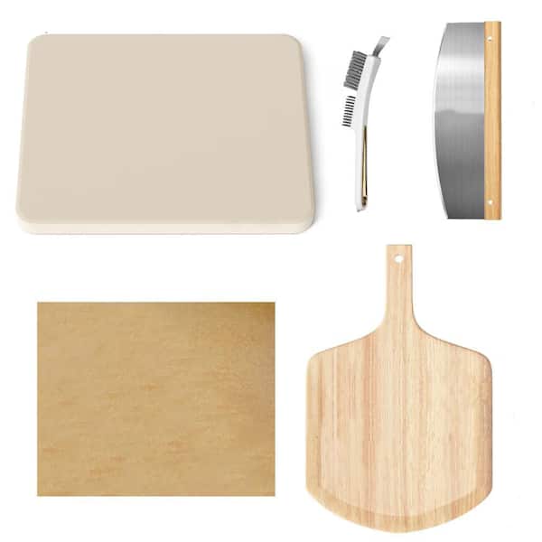 Natural Cordierite Pizza Stone Set with Oak Peel, Steel Cutter, Brush & Parchment Paper for Oven & Grill