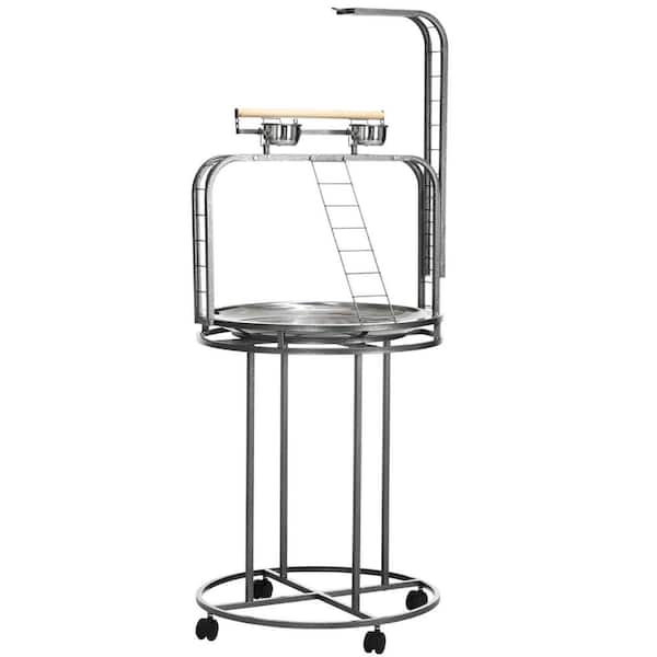Gray Steel Bird Feeder, Bird Perch Stand, Parrot Stand, with Toy Hook, 3 Ladders, Wheels and Parrot Perch with Easy Grip