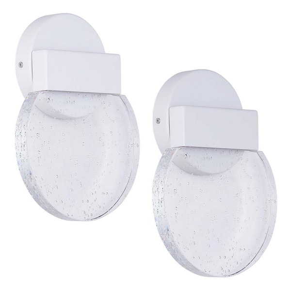 8.82 in. 1-Light White LED Wall Light Round Wall Sconce with Crystal Bubble Glass Shade (2-Pack)
