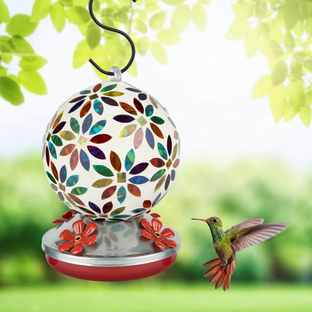 Multicolor Hand-Blown Glass Hanging Hummingbird Feeder with Metal Base