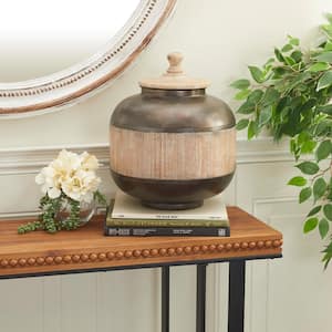 14 in. Brown Metal Decorative Jars with Wood Lids