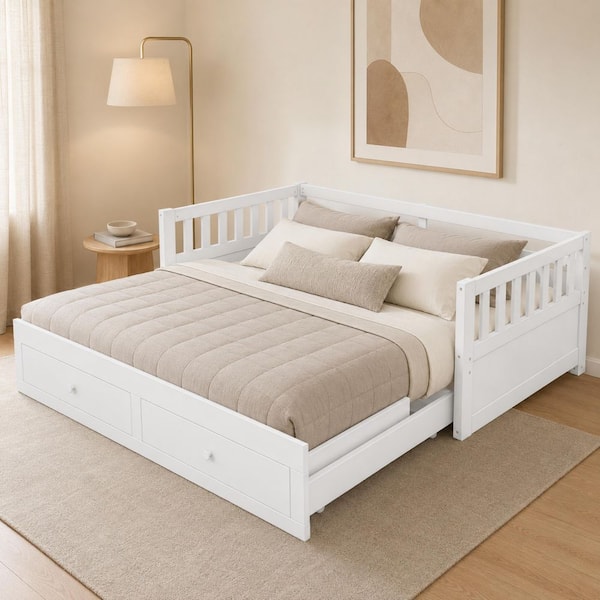 White Twin to King Extendable Wooden Daybed with Pull-Out Trundle, 2 Built-In Drawers and Slat Support