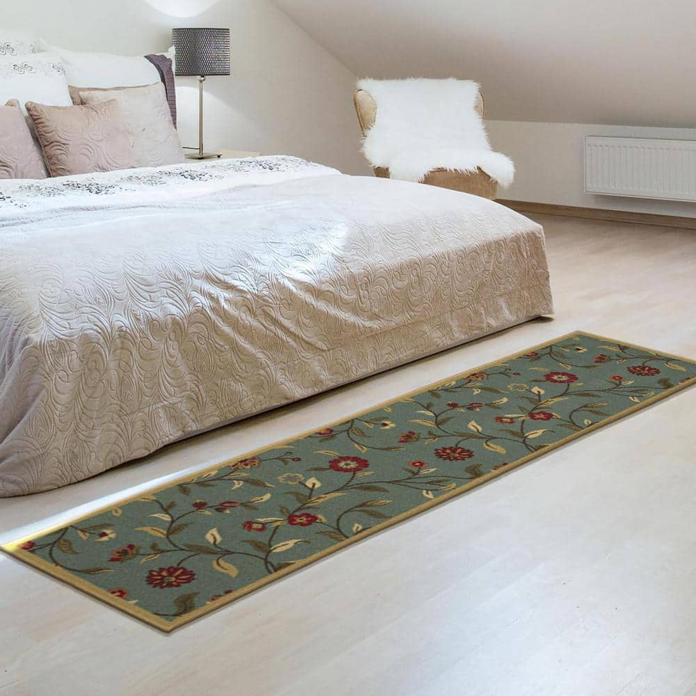 Seafoam Green Floral Non-Slip Hallway Runner Rug