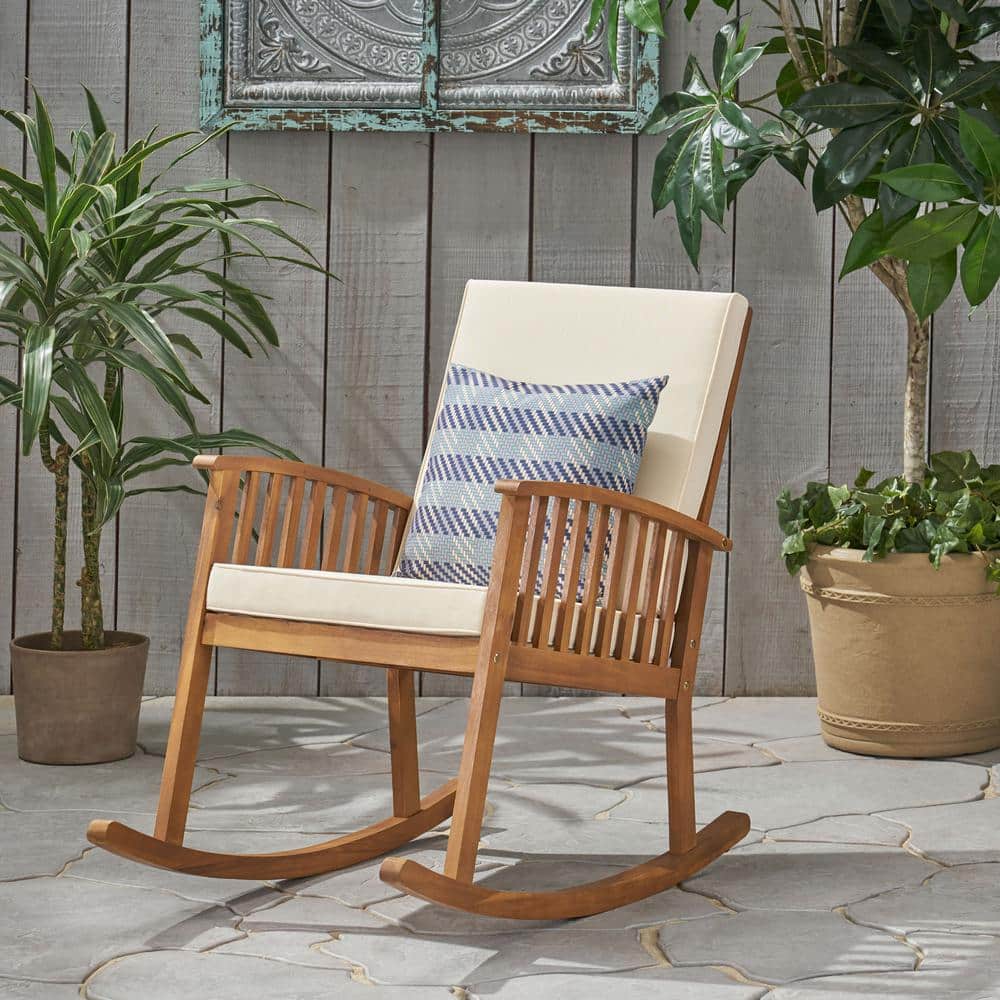 24.75 in. W Brown Acacia Wood Outdoor Rocking Chair with Beige Cushion