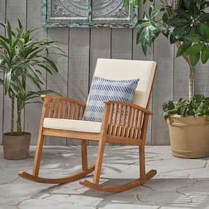 24.75 in. W Brown Acacia Wood Outdoor Rocking Chair with Beige Cushion