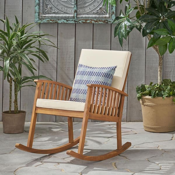 Unbranded 24.75 in. W Brown Acacia Wood Outdoor Rocking Chair with Beige Cushion