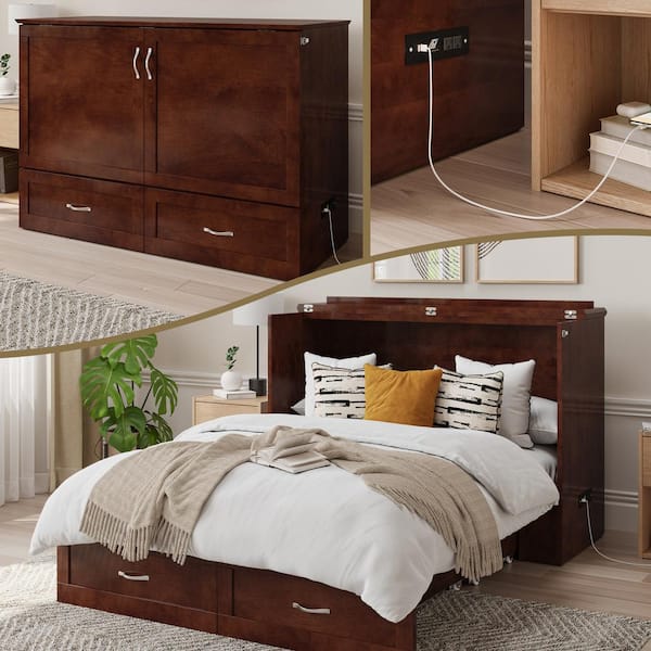 Alara Walnut Brown Solid Wood Frame Full Murphy Bed Chest with Storage and Built-in Charger