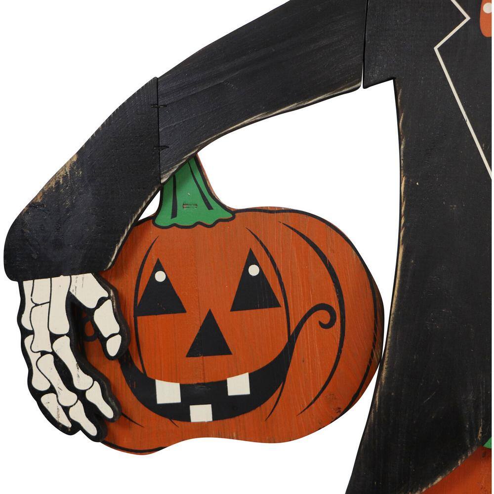 46" Painted Skeleton Holding Pumpkin Wooden Yard Stake