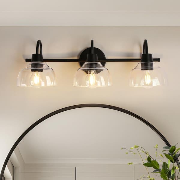 Uolfin 24.4 in. 3-Light Modern Transitional Black Bathroom Vanity Light with Clear Glass Shade, Farmhouse Powder Room Light