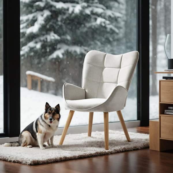 Homy Casa KANAS Modern Beige Wingback Accent Chair with Skin-Friendly Fabric, Adjustable Foot Pads, and Tapered Wood Legs