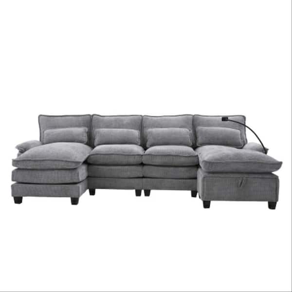 106 in. 5-pieces Chenille U-Shaped Modular Sectional Sofa with Chaise Lounge and Storage Ottoman in. Light Gray