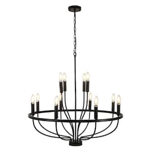 33.4 in. 12-Light Black Modern Round Chandelier for Living Room, No Bulbs Included