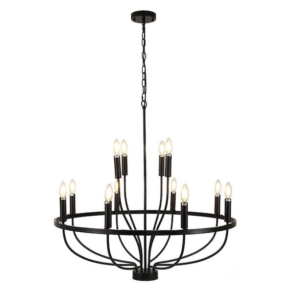 OUKANING 33.4 in. 12-Light Black Modern Round Chandelier for Living Room, No Bulbs Included