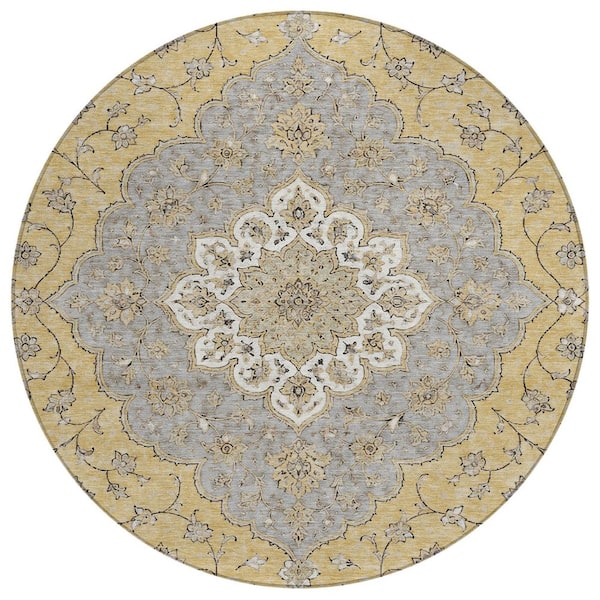 Chantille Machine Washable Indoor/Outdoor Abstract ACN3081 Gold 8 ft. x 8 ft. Round Rug