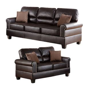 57 in. Round Arm Bonded Leather Straight 2-Piece Sofa Set with Pillows Brown