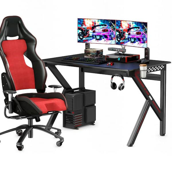 Costway 29 5 In Black Metal Gaming Desk Gamers Computer Table E Sports K Shaped W Cup Holder Hook Home Hw60238 The Home Depot