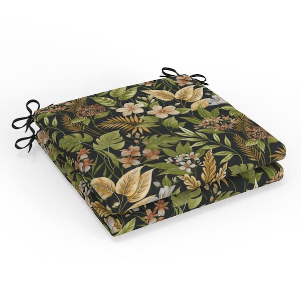 Pillow Perfect Tropic Floral 20 in W x 3 in H Square Outdoor Chair Seat Pad with Ties 2-Count in Black Carena Ebony