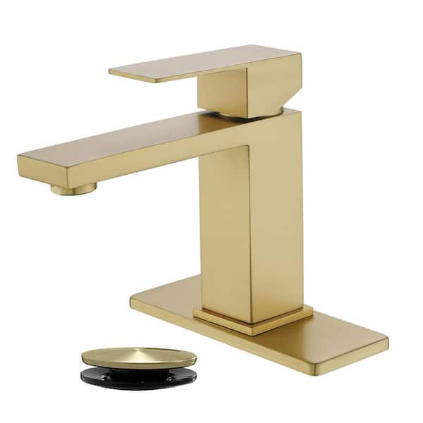304 Stainless Steel Single Handle Single Hole Bathroom Faucet with Drain Kit Included in Gold