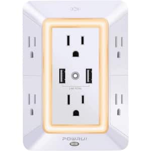 6-Outlet Extender 2 USB Wall Charger Adapter Spaced for Home, Travel, Office