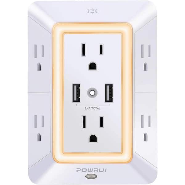 Etokfoks 6-Outlet Extender 2 USB Wall Charger Adapter Spaced for Home, Travel, Office