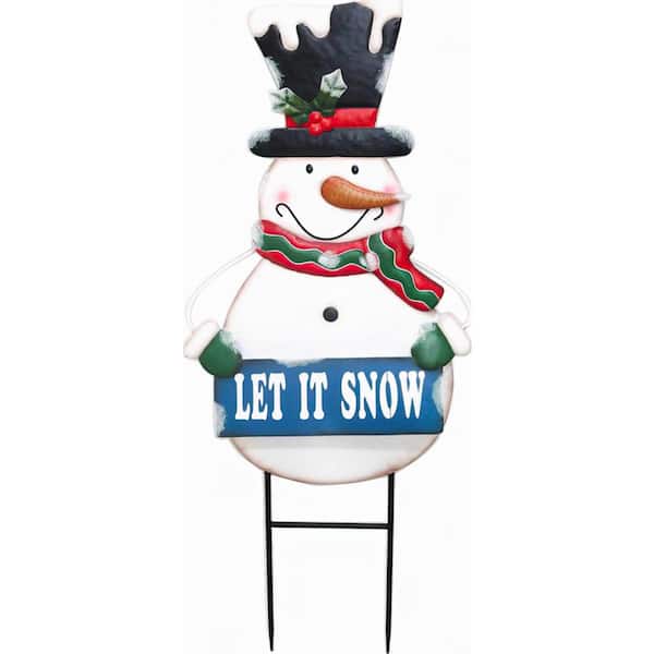 MERRILY 38.25 in. Snowman "Let It Snow" Top Hat, Red/Green Scarf Yard Art Stake