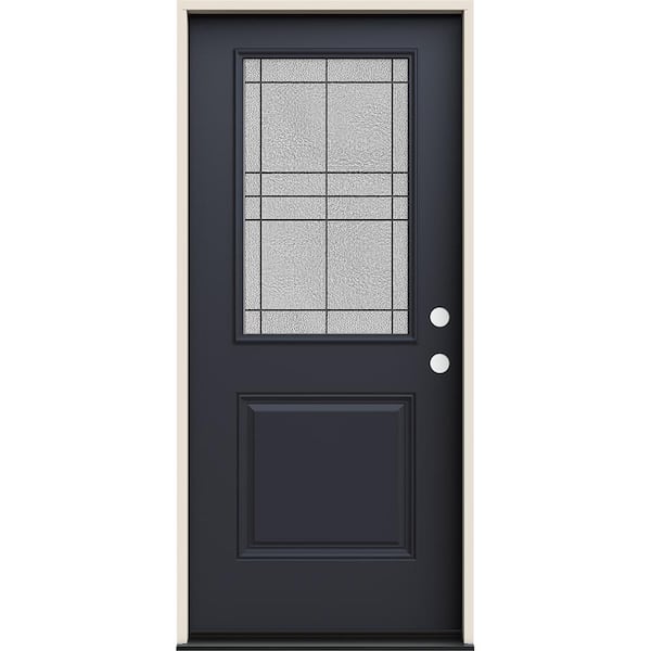 JELD-WEN 36 in. x 80 in. Left Hand 1/2 Lite Dilworth Decorative Glass Black Steel Prehung Front Door