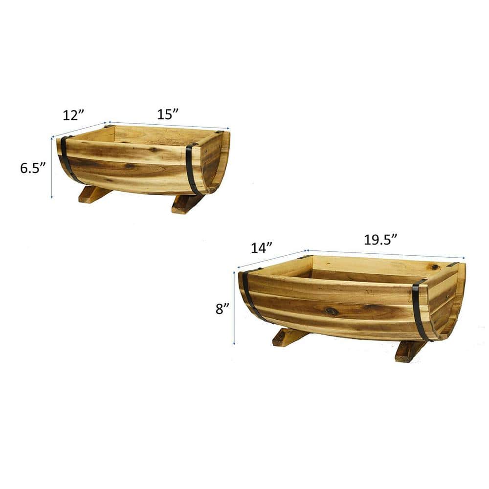 Rustic Acacia Wood Half-Barrel Planters with Metal Bands, Set of 2