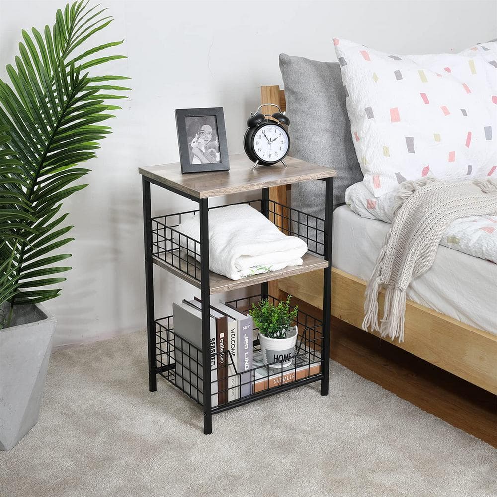 Greige and Black Industrial Wood and Metal End Table