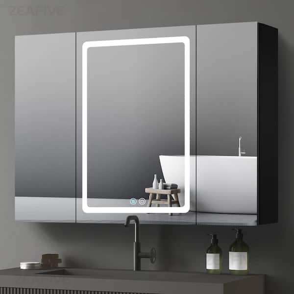 Zeafive 40 in. W x 30 in. H Surface Mount Rectangular Black Aluminum Defogging Lighted Bathroom Medicine Cabinet with Mirror