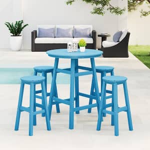 Laguna 5-Piece Bar Height HDPE Plastic Outdoor Patio Round High Top Bistro Dining Set in Pacific Blue
