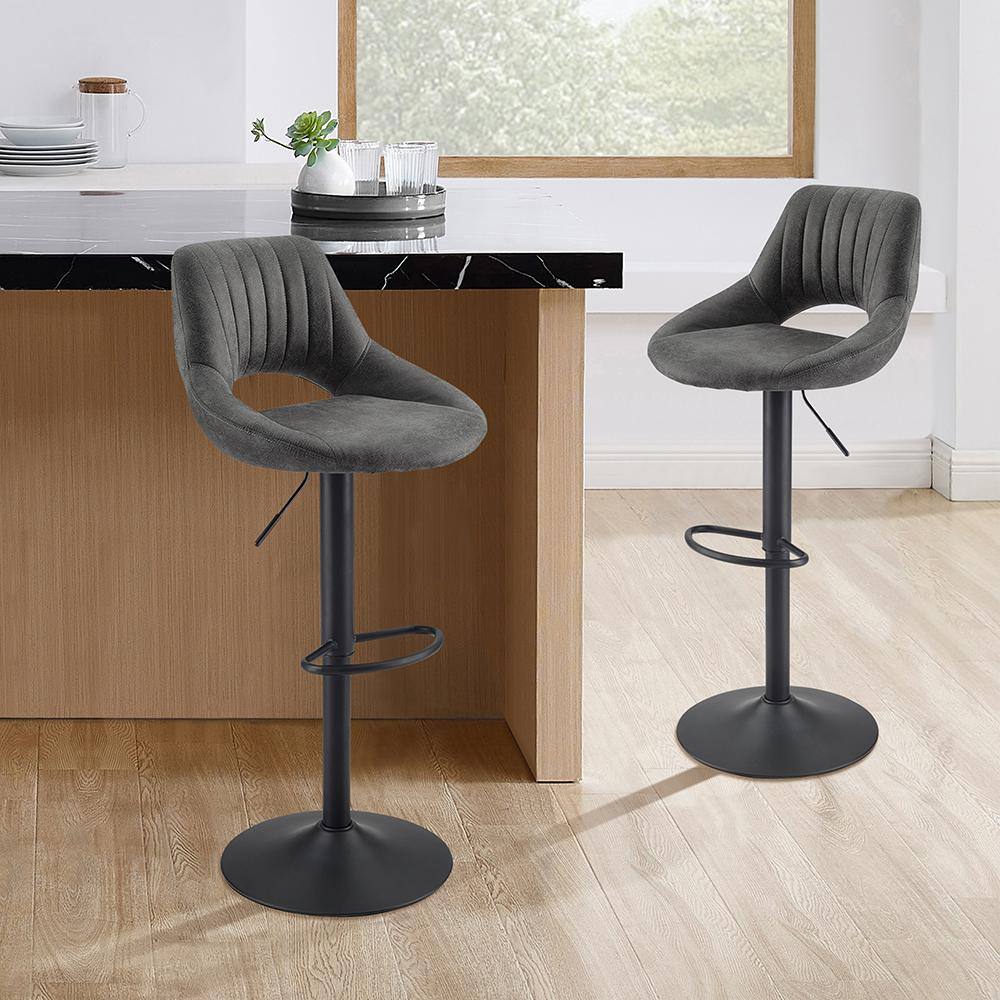 Gray Adjustable Swivel Faux Leather Bar Stools with Metal Base, Set of 2