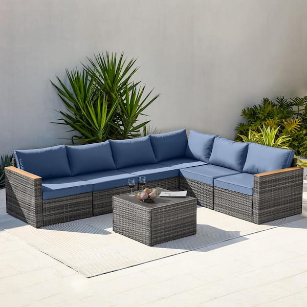 Zeus & Ruta 7-Piece Wicker Outdoor Sectional Set Conversation Sets with Blue Cushions for Backyard, Lawn